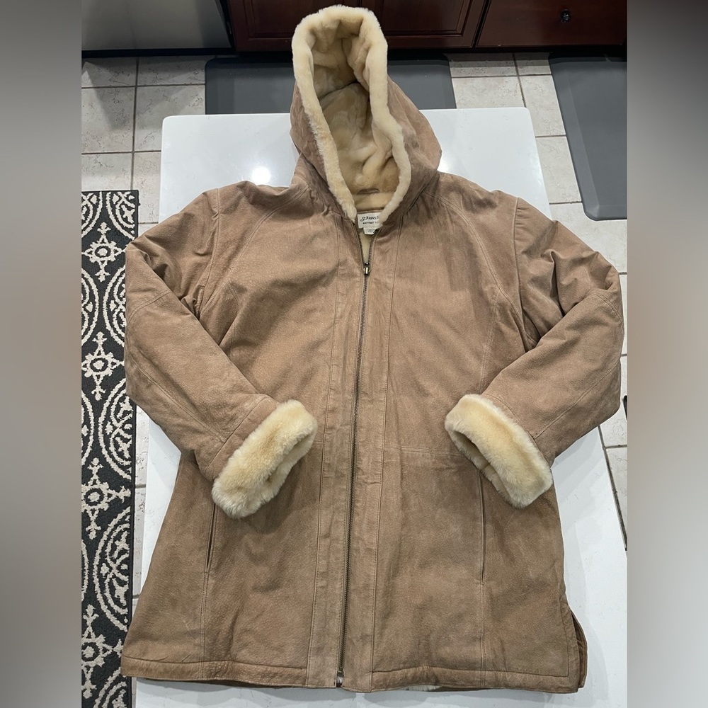 Vintage ST JOHNS BAY Suede Hooded Jacket sz L Faux Fur Sheepskin Penny Lane Y2K